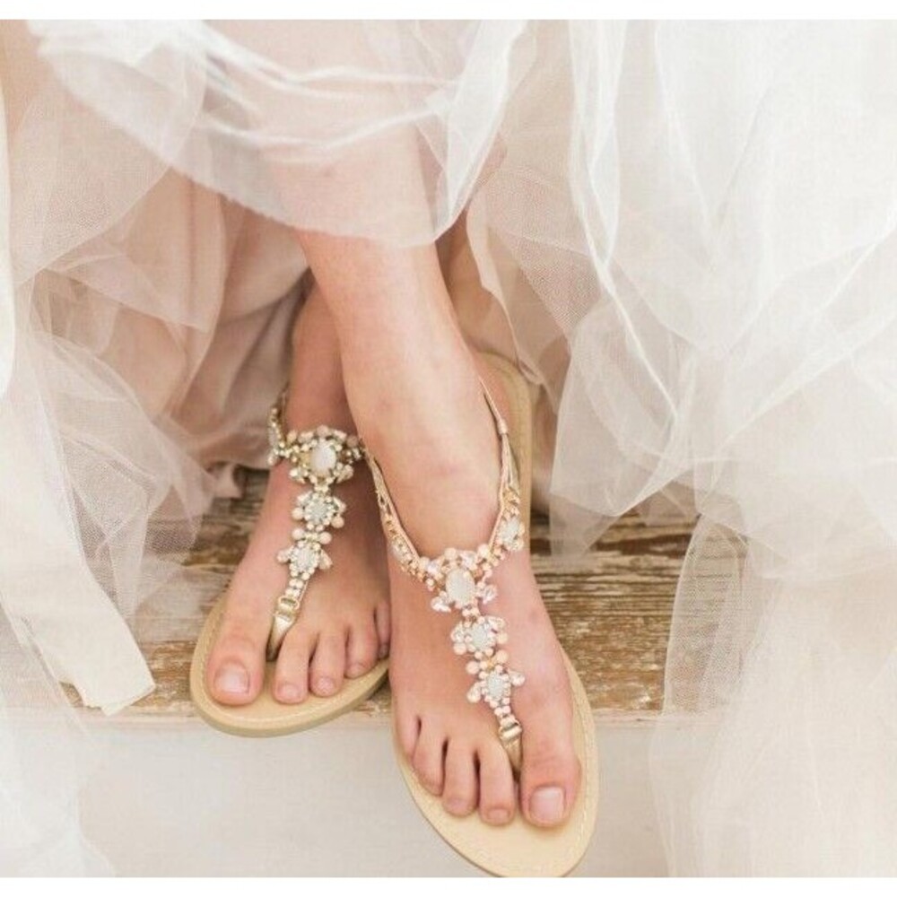 ANTHROPOLOGIE Bella Belle Tulum  Gold Embellished Leather Sandals Size 7.5